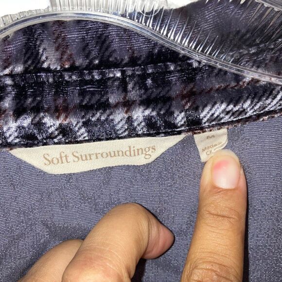 Soft surrounding silk blend purple plaid velour collared button down long sleeve - Picture 2 of 6